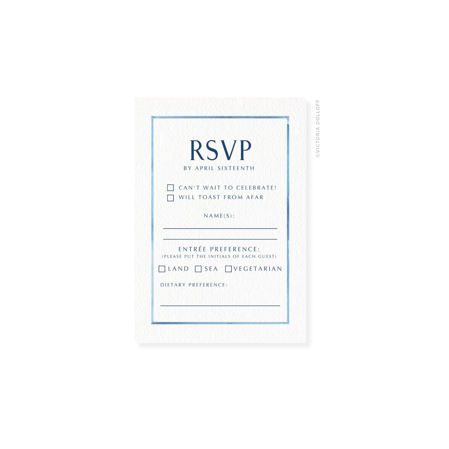 Powder Blue border RSVP card with uppercase RSVP header, checkboxes, and name lines
