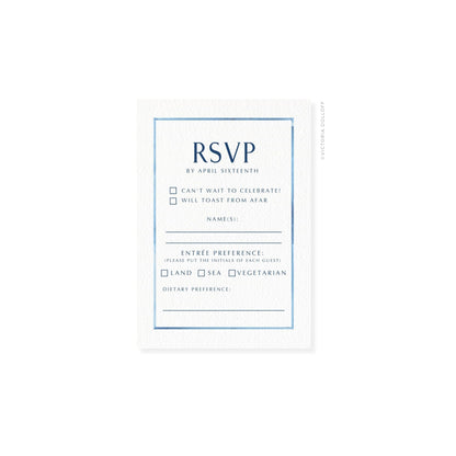 Powder Blue border RSVP card with uppercase RSVP header, checkboxes, and name lines