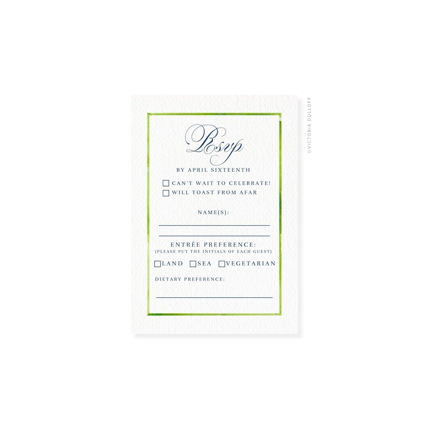RSVP card with green border and cursive “Rsvp,” includes dietary preference line