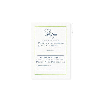 RSVP card with green border and cursive “Rsvp,” includes dietary preference line