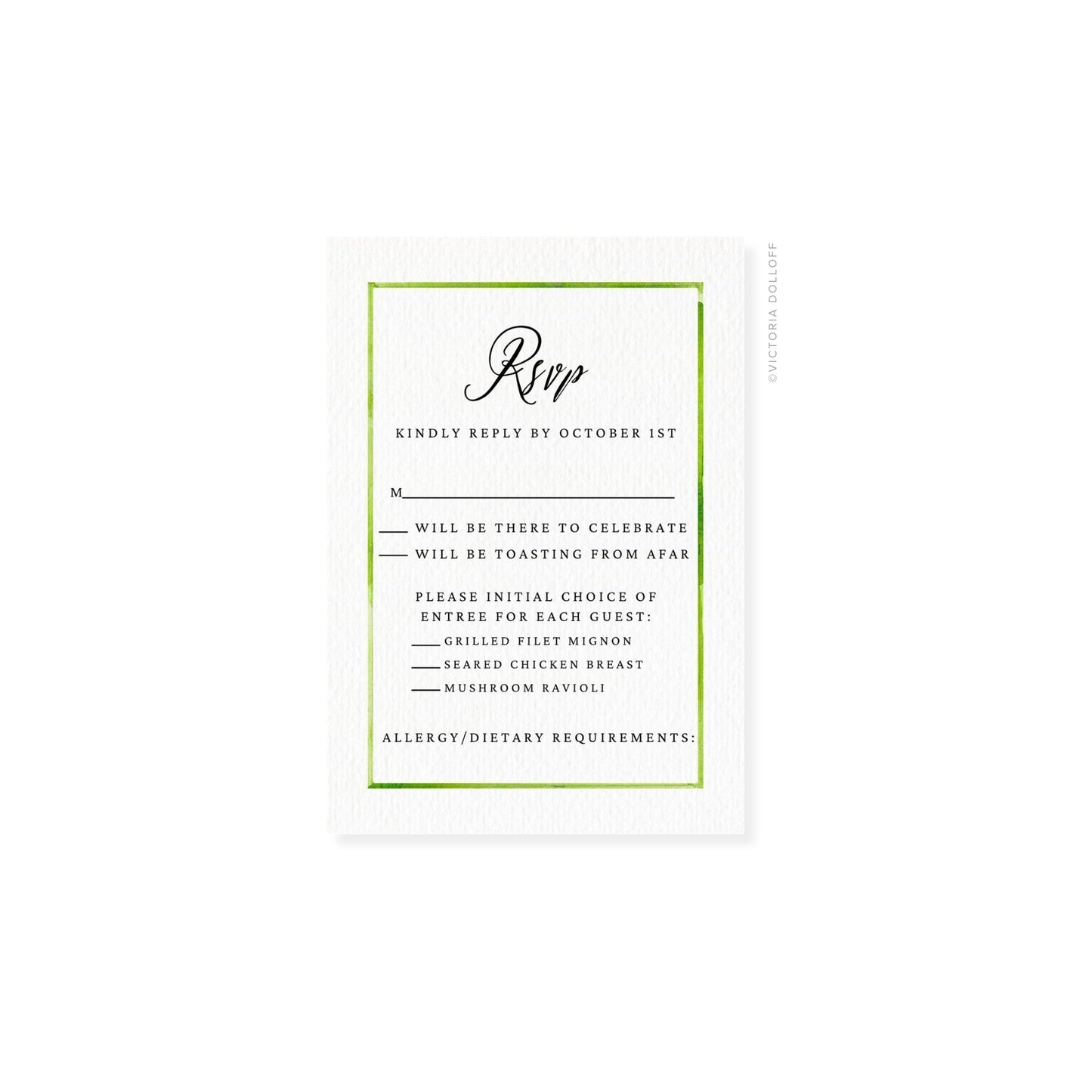 Watercolor border RSVP card, Palm Green—“Rsvp” script with guest choices list.