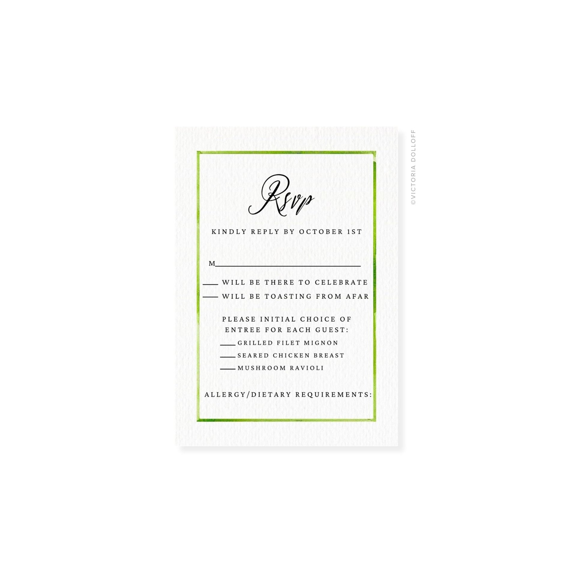 Watercolor border RSVP card, Palm Green—“Rsvp” script with guest choices list.