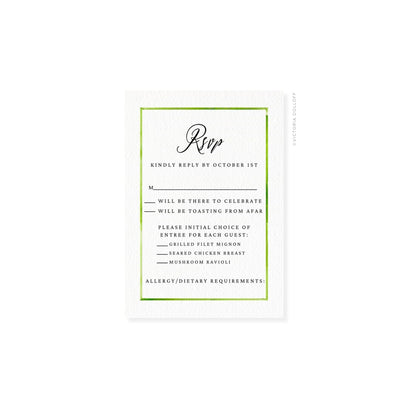 Watercolor border RSVP card, Palm Green—“Rsvp” script with guest choices list.