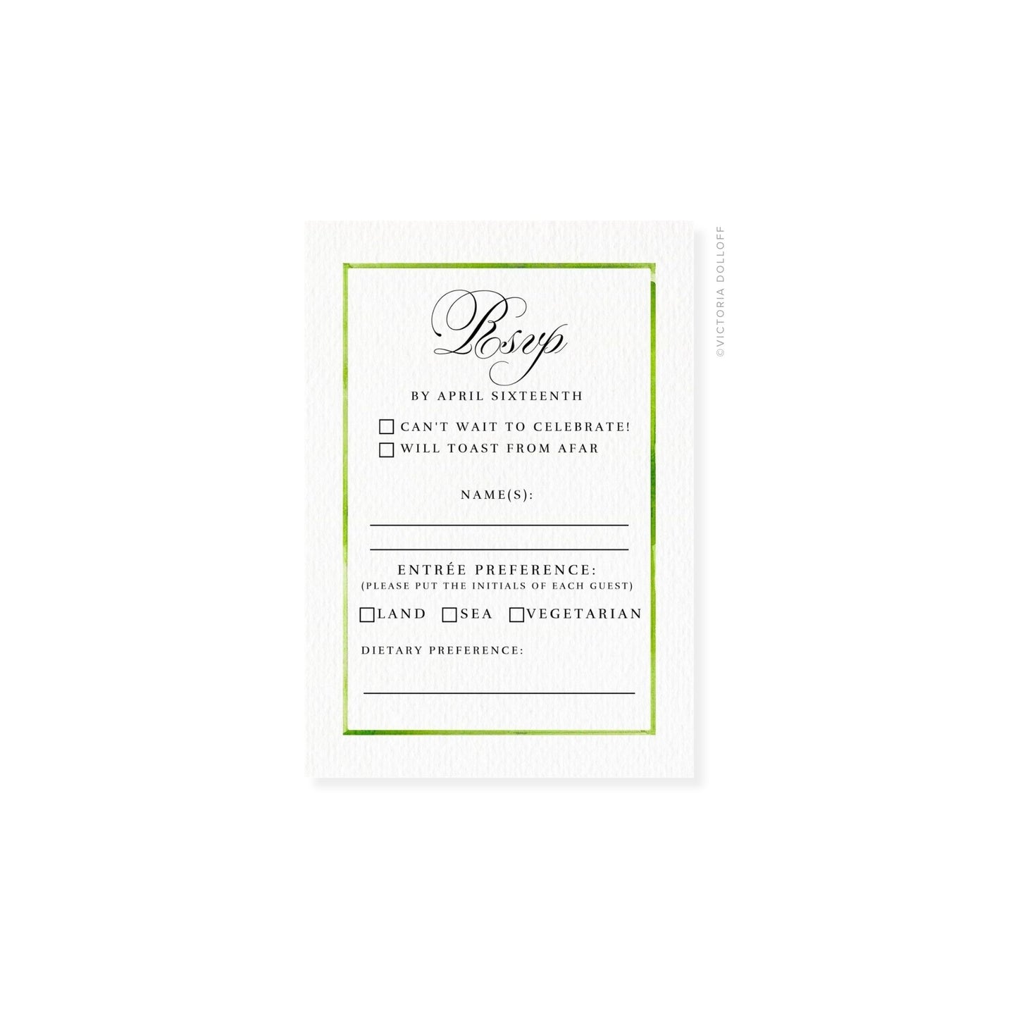 RSVP card with green border and cursive “Rsvp,” reply details and blank name lines