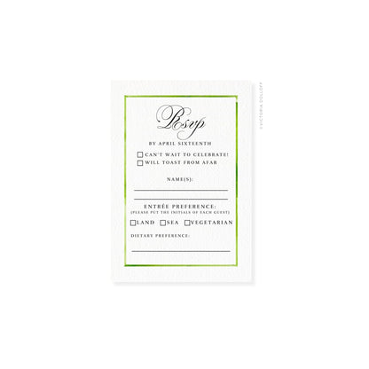 RSVP card with green border and cursive “Rsvp,” reply details and blank name lines