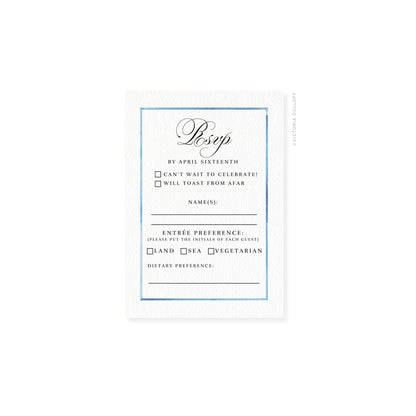 Powder Blue border RSVP card with cursive RSVP header and name lines