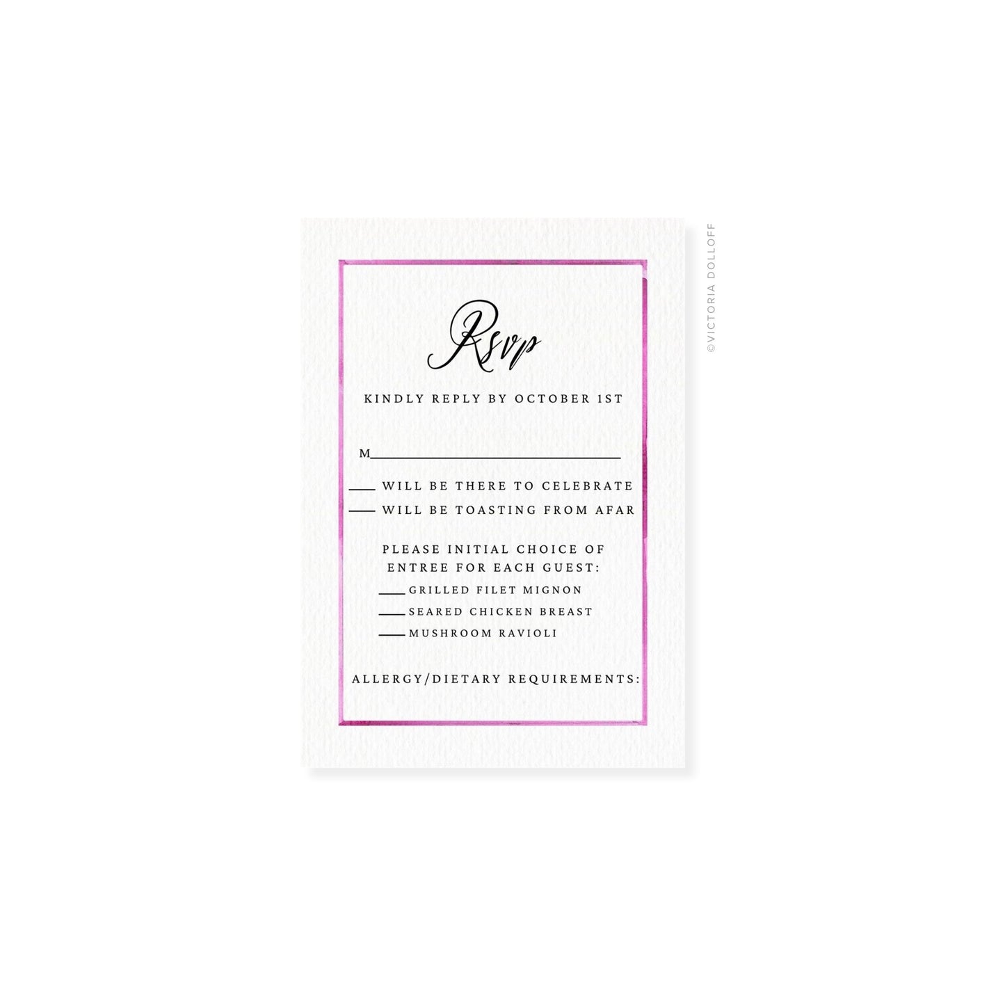 Watercolor border RSVP card, Orchid Pink—“Rsvp” script with menu choice section.