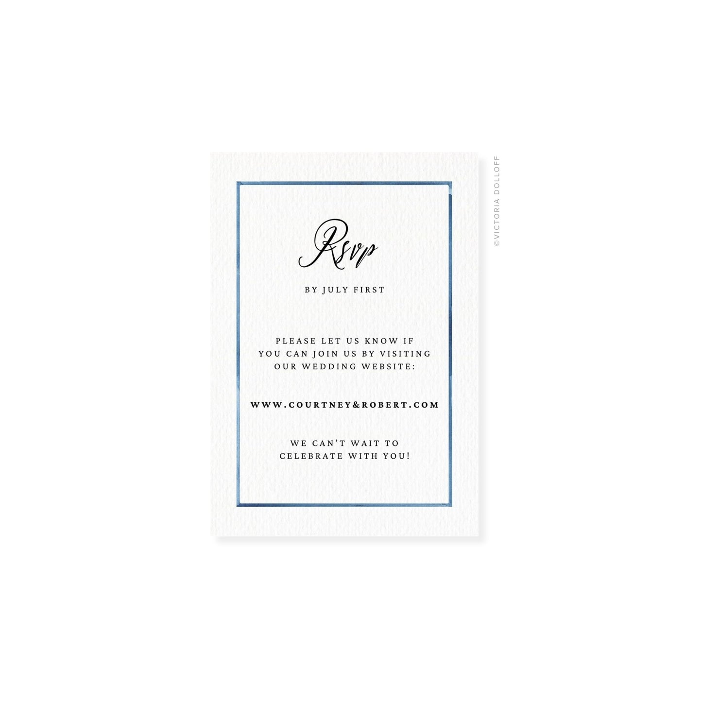 RSVP-Karte mit blauem Rahmen und „Rsvp“ in schwarzer Schreibschrift