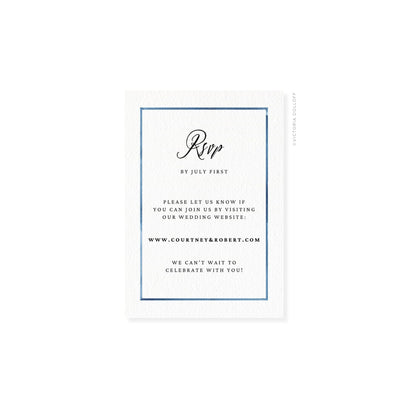 RSVP-Karte mit blauem Rahmen und „Rsvp“ in schwarzer Schreibschrift