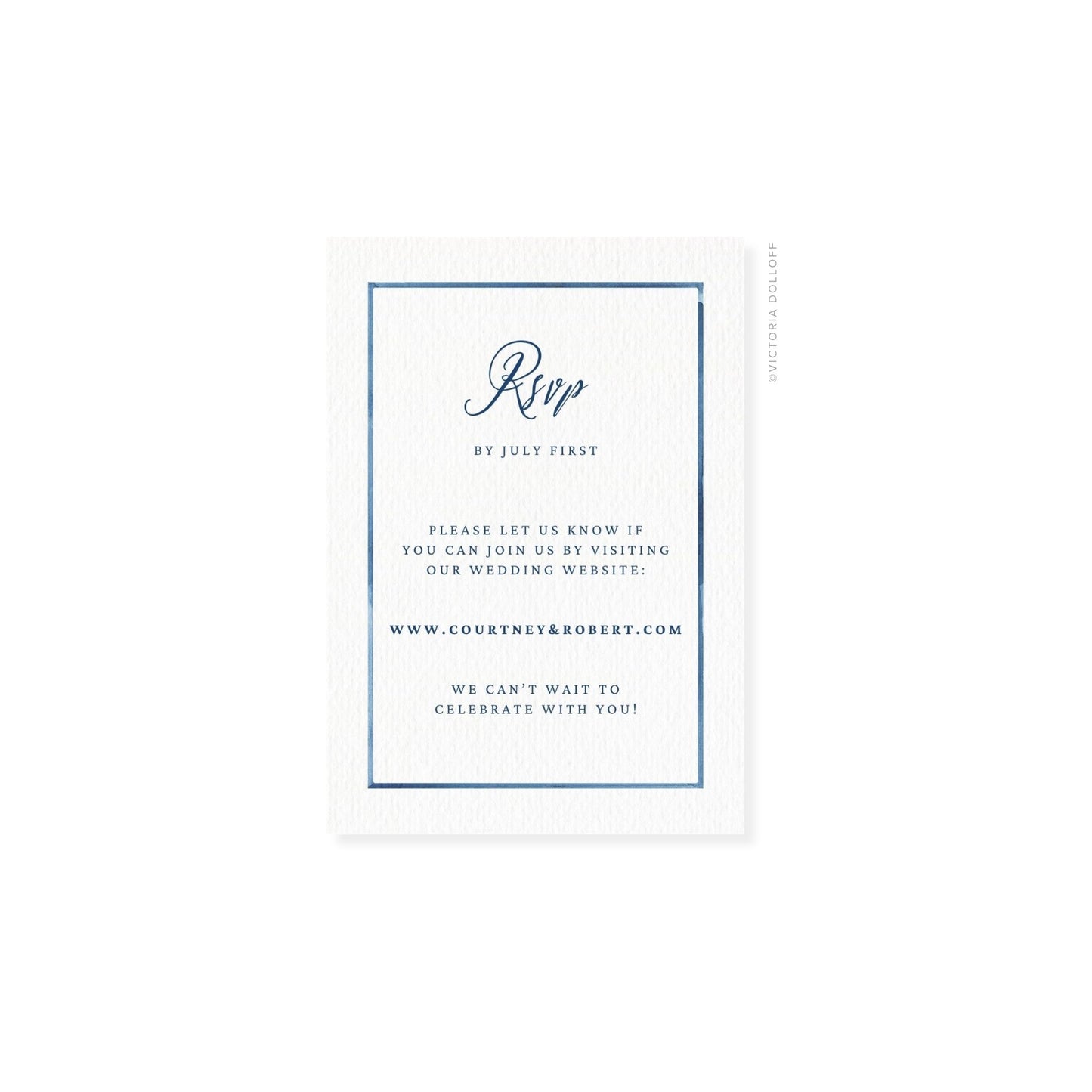 RSVP-Karte mit blauem Rahmen und „Rsvp“ in dunklerer blauer Schreibschrift