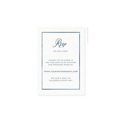 RSVP-Karte mit blauem Rahmen und „Rsvp“ in dunklerer blauer Schreibschrift