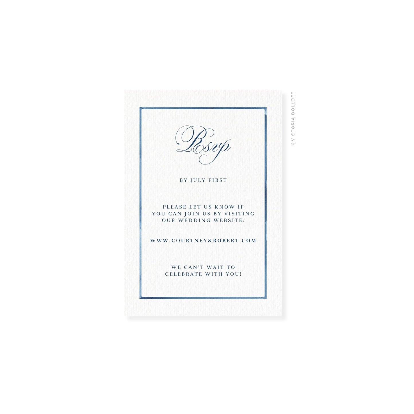 RSVP-Karte mit blauem Rahmen und „Rsvp“ in hellblauer Schreibschrift, Innenansicht