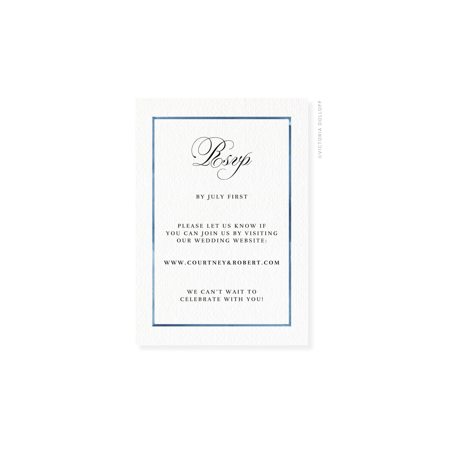 RSVP-Karte mit blauem Rahmen und „Rsvp“ in hellgrauer Schreibschrift, Schrift und Text klar