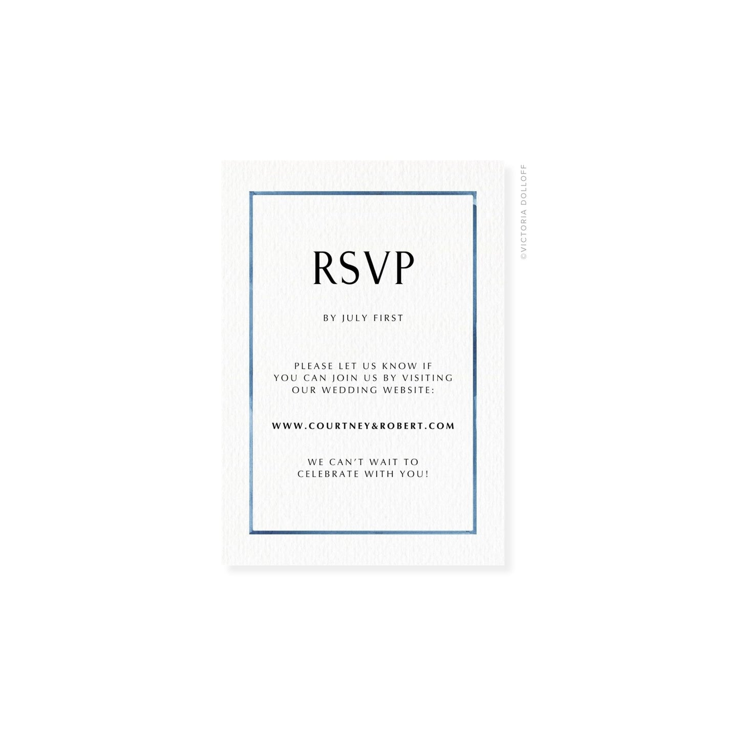 RSVP-Karte mit blauem Rahmen; „RSVP“ in klarer Serifenschrift mit Textzeilen im Inneren
