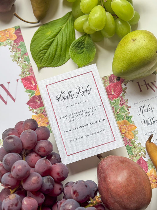 Watercolor border RSVP card with red frame, “Kindly Reply” lettering