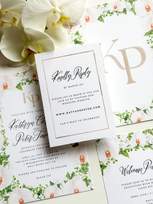 Watercolor Border RSVP card with “Kindly Reply” message and RSVP lines
