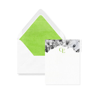 Thank-you cards set with floral watercolor front, green envelope liner, monogram.