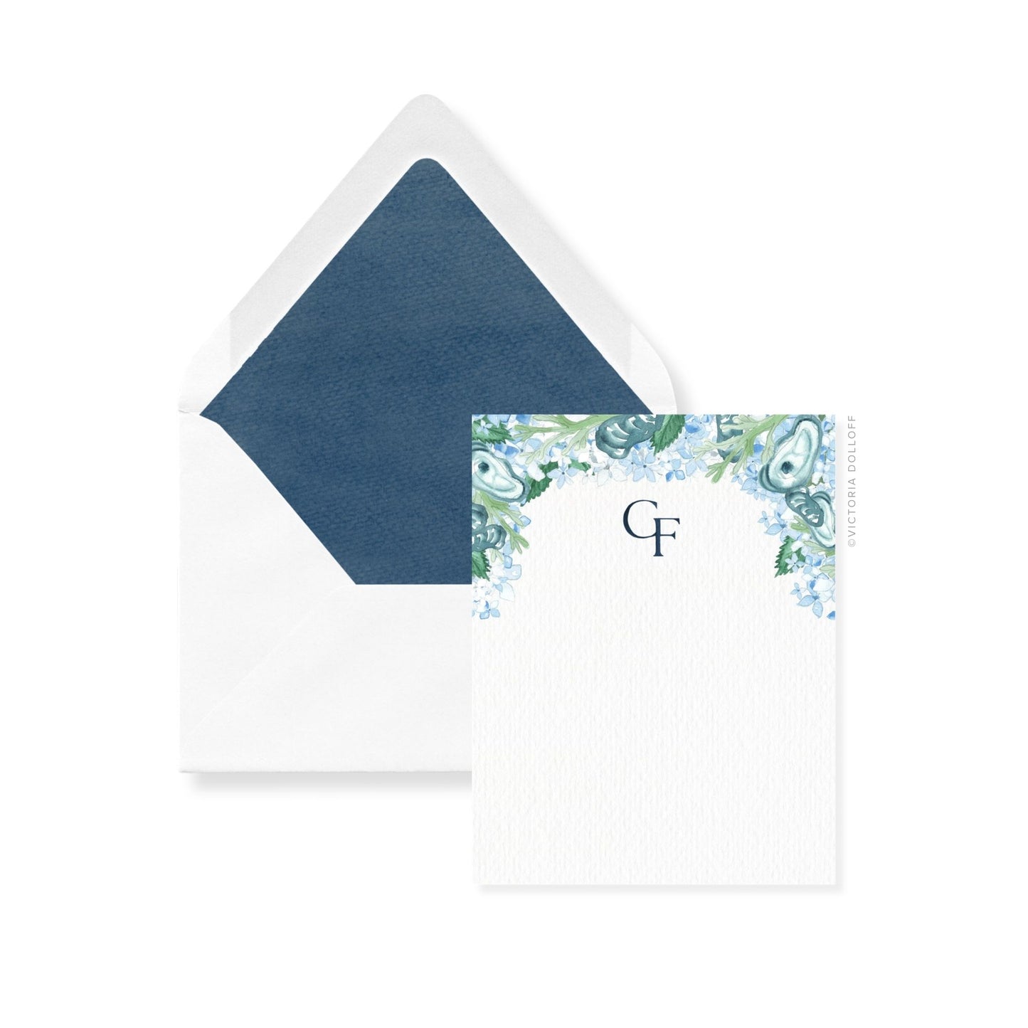 Thank you cards and envelopes with coastal hydrangea print, monogram CF, blue liner.