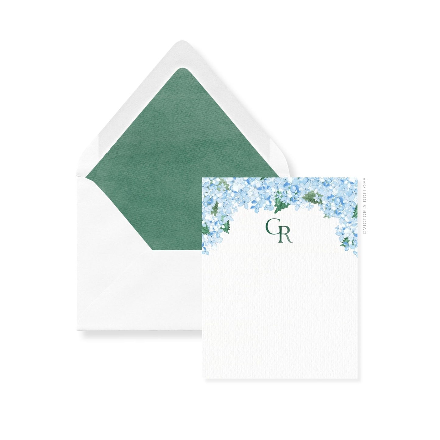 Hydrangea thank-you cards with monogram R on floral panel; emerald-green envelope liner