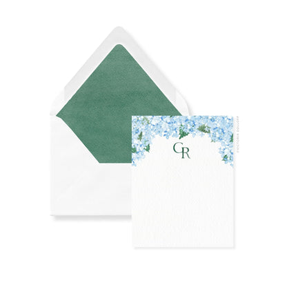 Hydrangea thank-you cards with monogram R on floral panel; emerald-green envelope liner