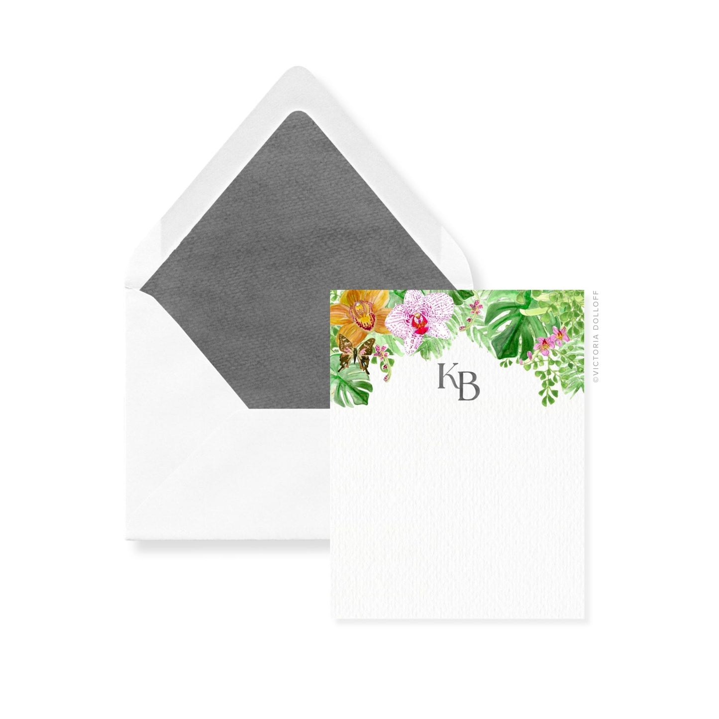 Thank-you cards and envelopes with charcoal liner, tropical floral panel, monogram HB