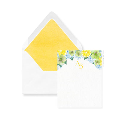 Thank you cards and envelopes with Meyer Lemon liner and floral monogram AB