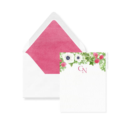 Garden floral thank you card set with monogram; pink envelope liners