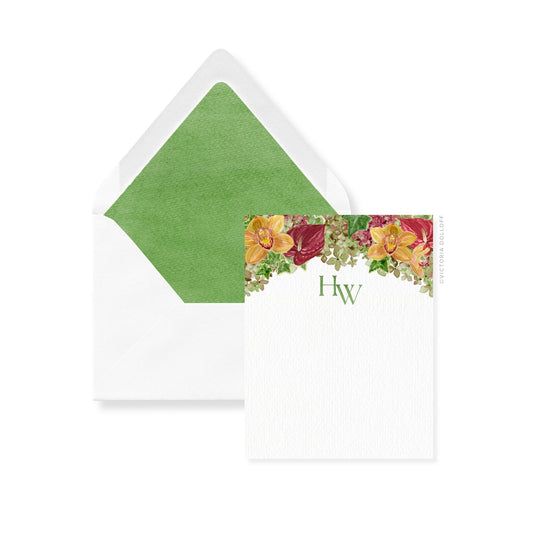 Thank you cards and envelopes with warm floral 'Hw' and pear green liner