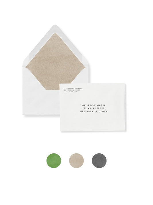Sand liner flap invitation envelope with printed return and guest addresses