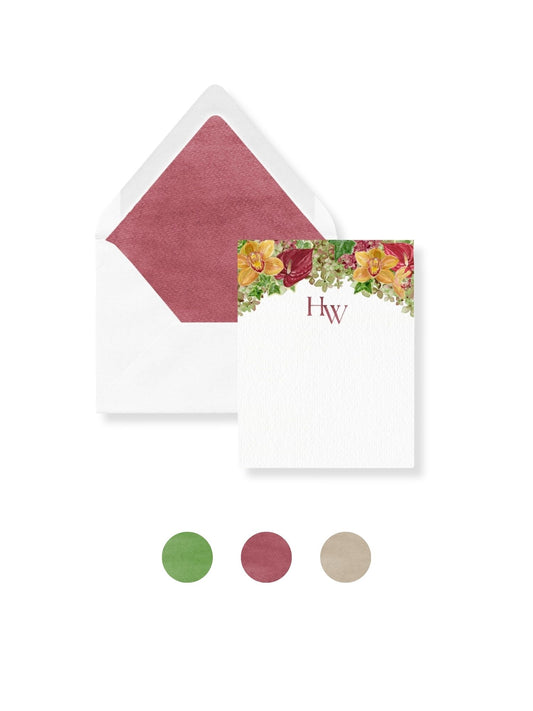 Warm floral personal stationery envelope set with burgundy liner and 'Hw' monogram