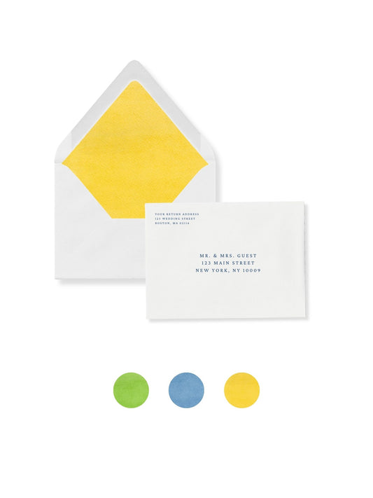 Arlow invitation envelope with Meyer Lemon liner and printed guest address card