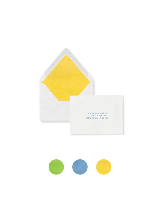 Luxe RSVP flap envelope with Meyer Lemon liner, no return address printing