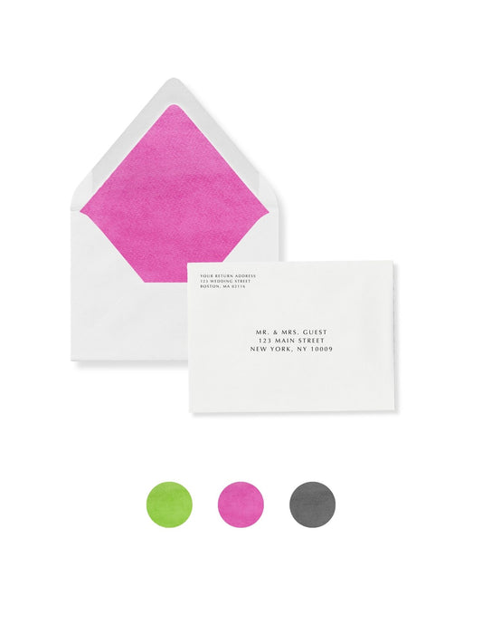 European invitation envelope with orchid pink liner and printed guest address