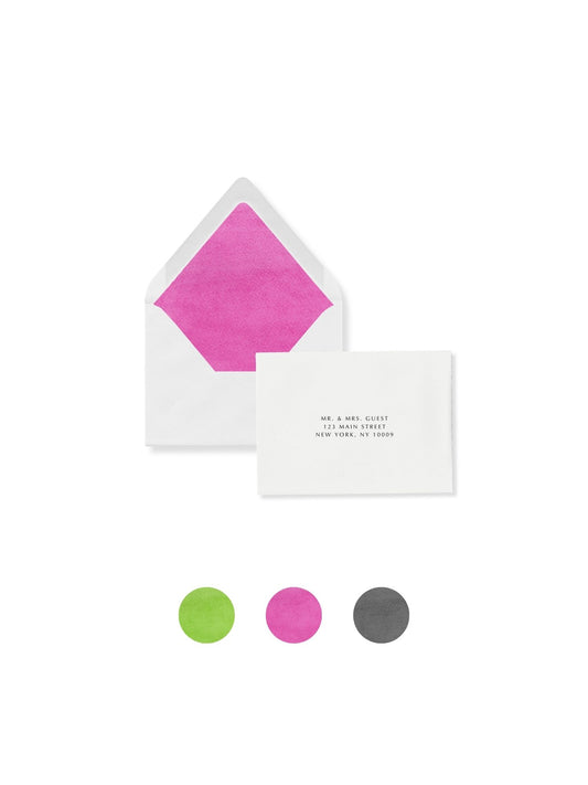 Orchid pink lined RSVP flap envelope with printed guest address card