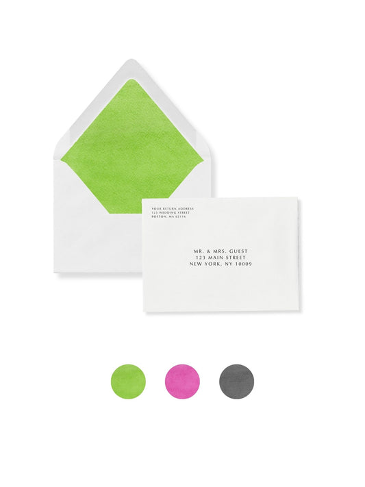 Invitation envelope with palm green liner and printed return/greeting addresses