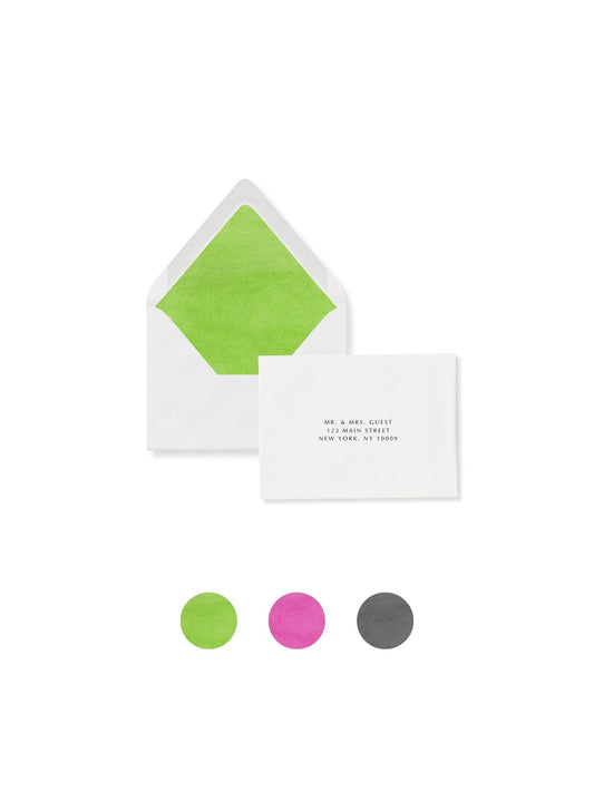 Luxe RSVP flap envelope with Palm Green liner and blank return-address card