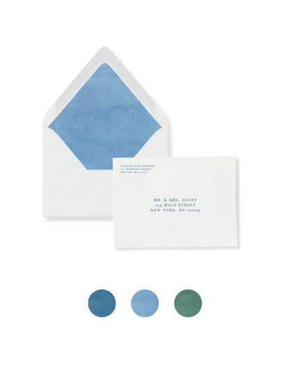 Luxe flap invitation envelope with ocean-blue liner and color swatch dots