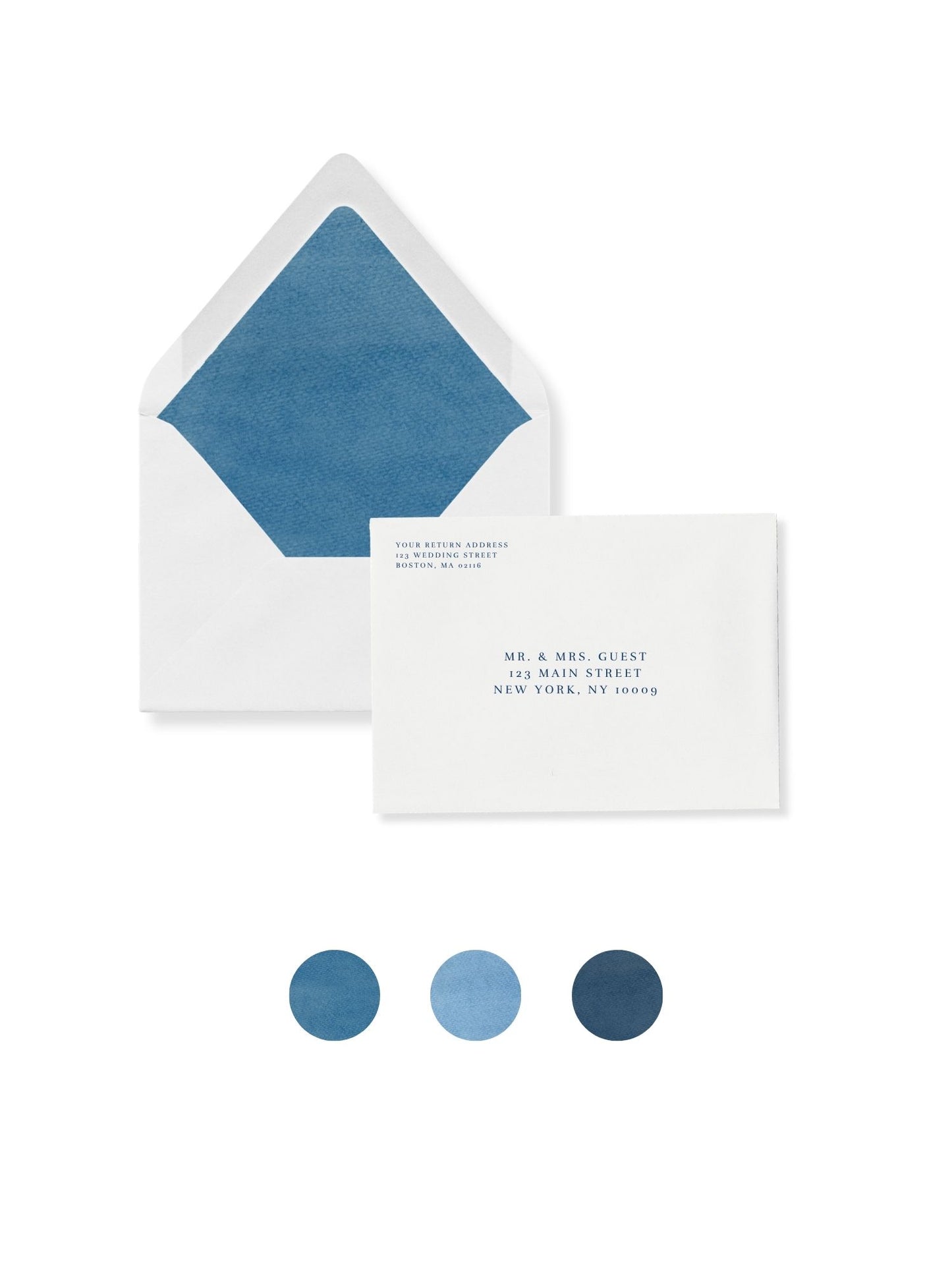 Luxe flap invitation envelope with blue liner, return address and guest address printed