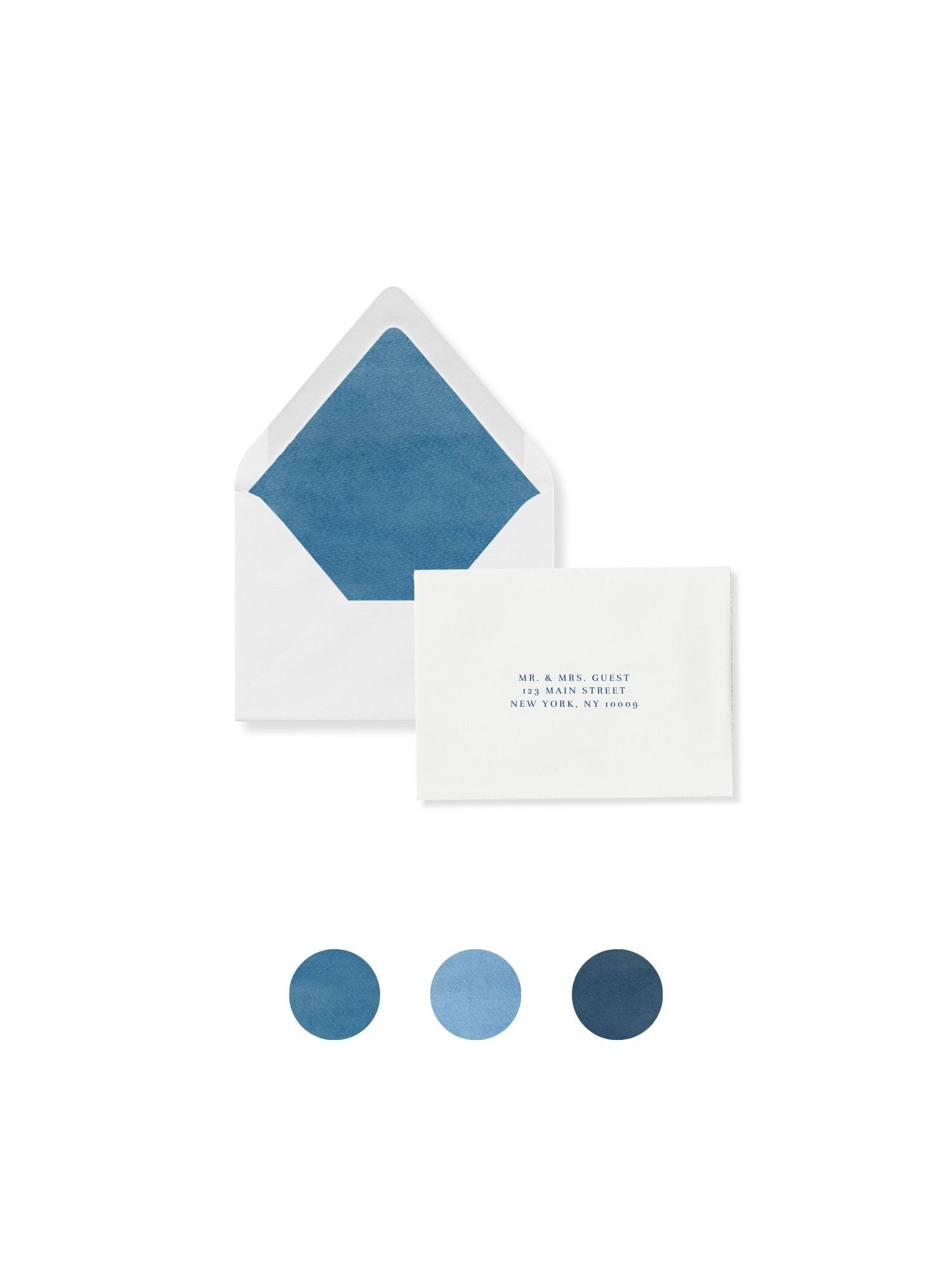 Luxe flap RSVP envelope with blue lining; card shows printed guest message