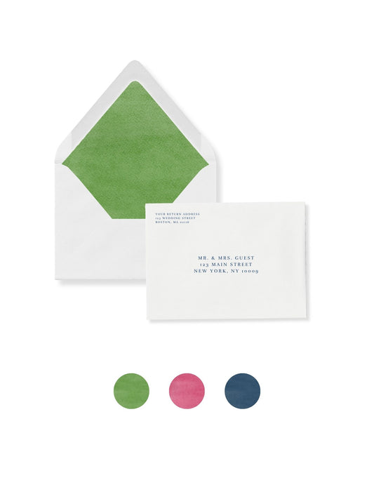 Luxe flap invitation envelope with pear green liner and address printed on insert card
