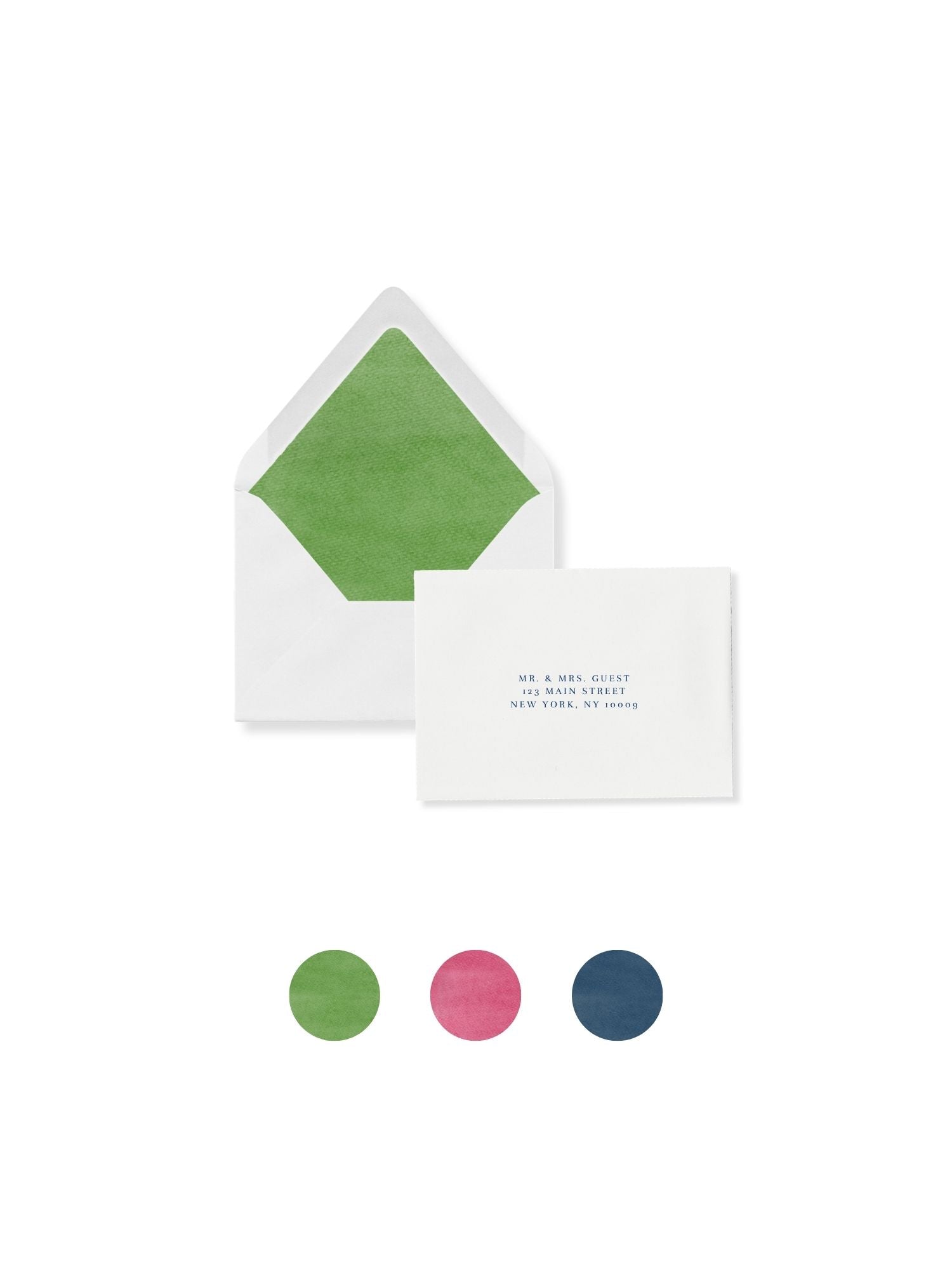 Luxe flap RSVP envelope with pear green liner and guest details card