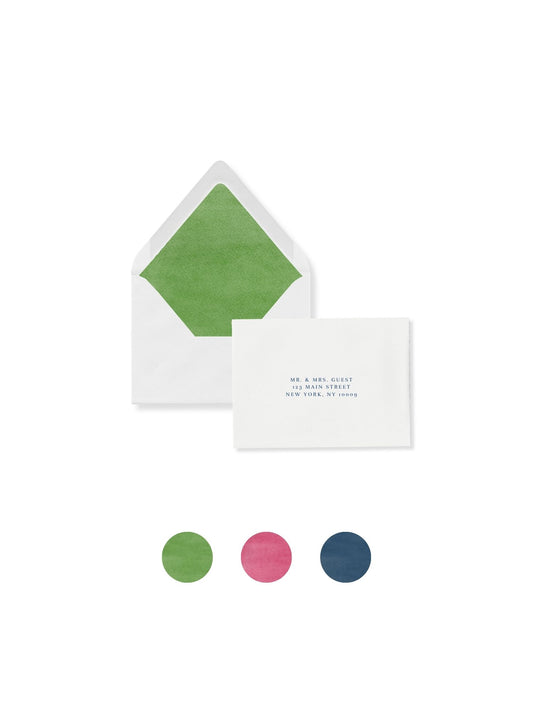 Luxe flap RSVP envelope with pear green liner and guest details card
