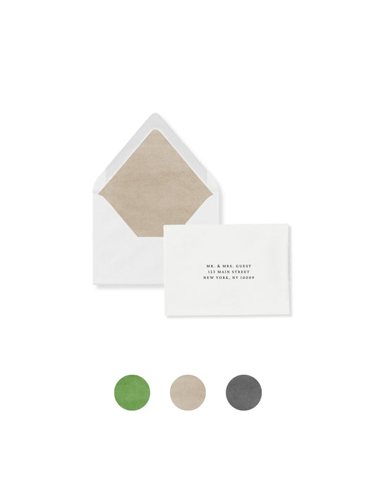 Luxe RSVP flap envelope with sand-colored lining, front flap open