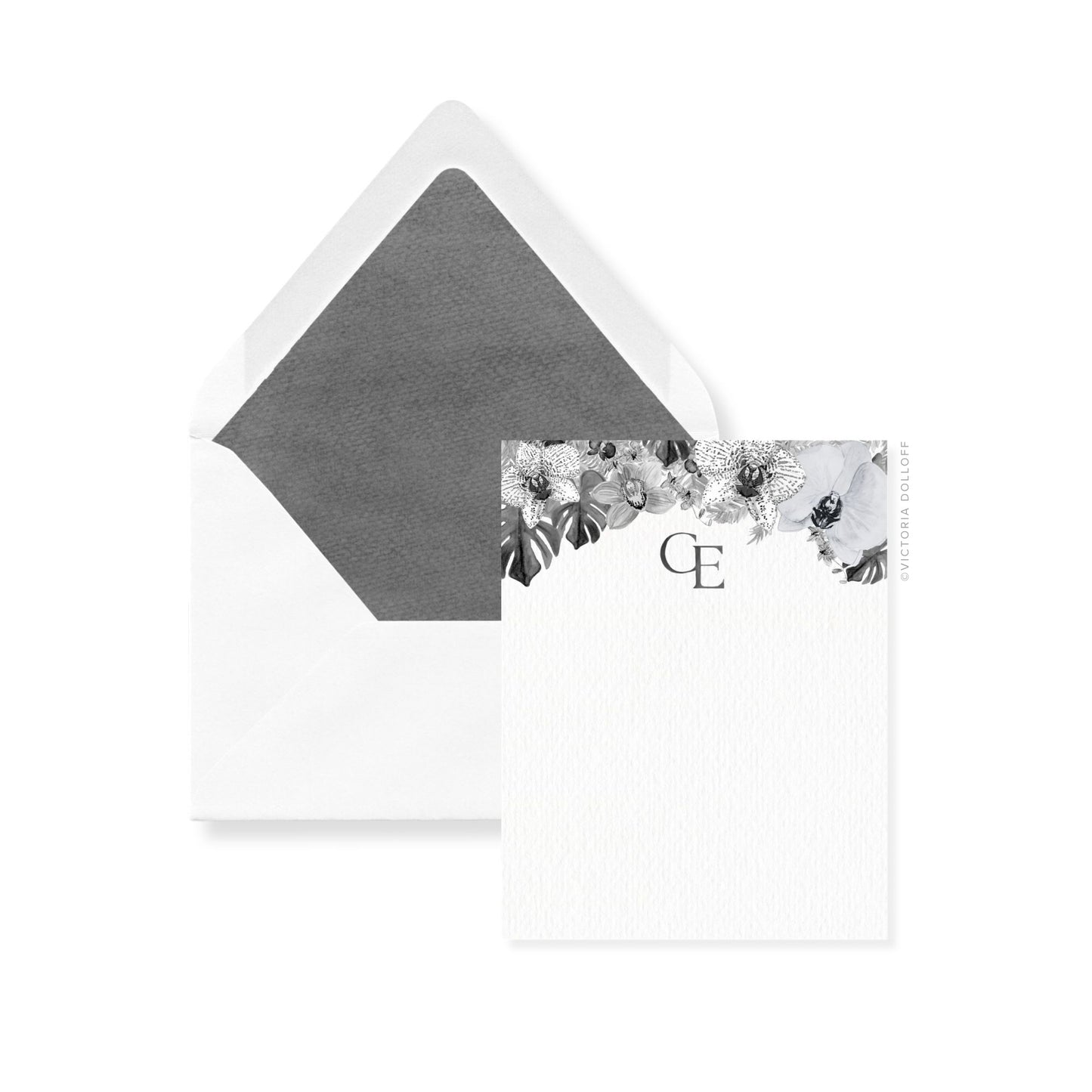 Thank-you cards set with floral watercolor front, charcoal envelope liner, monogram.