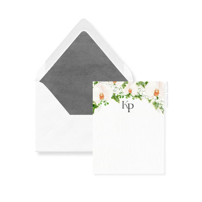 Orchid thank-you cards with KP monogram; charcoal-lined envelopes