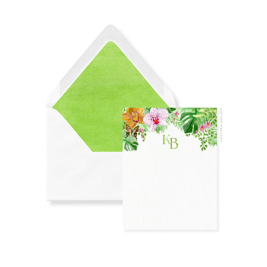 Thank-you cards and envelopes with green liner, tropical floral panel, monogram HB