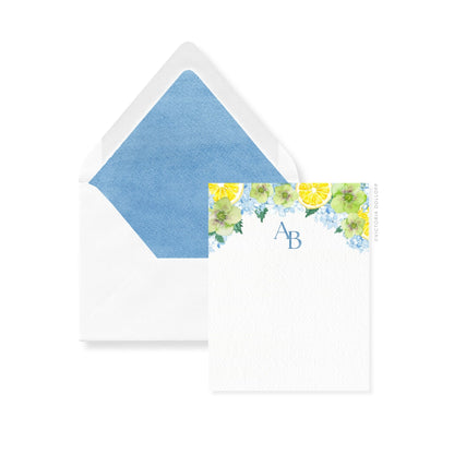 Thank you cards and envelopes with Powder Blue liner and floral monogram AB