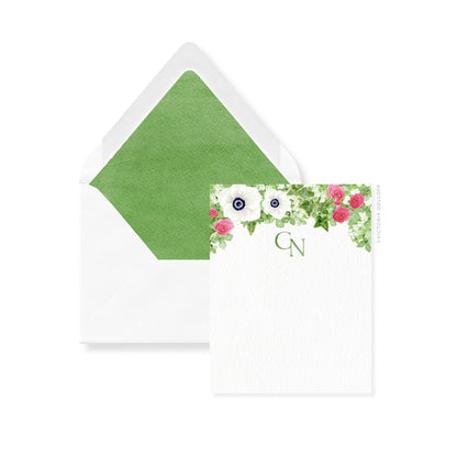 Garden floral thank you card set with monogram; green envelope liners