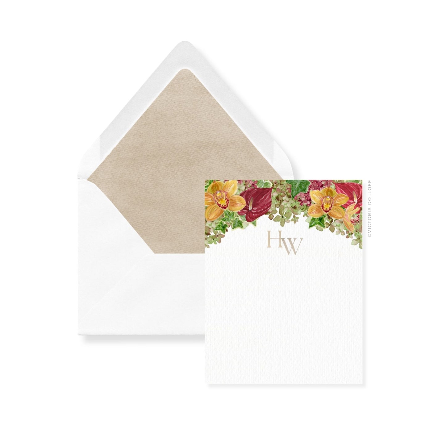 Thank you cards and envelopes with warm floral 'Hw' and sand liner