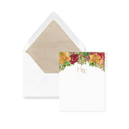 Thank you cards and envelopes with warm floral 'Hw' and sand liner